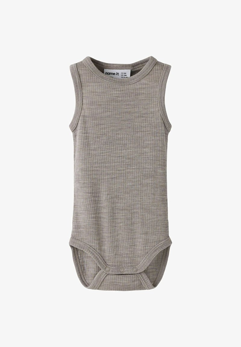 Body bébé gris côtelé sans manches avec fermeture pressionnée en bas et col rond.