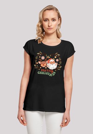 Schwarzes T-Shirt mit kurzen Ärmeln und rundem Ausschnitt, das ein farbenfrohes Weihnachtsmotiv mit Santa und einem Rentier zeigt, umgeben von floralem Akzent.