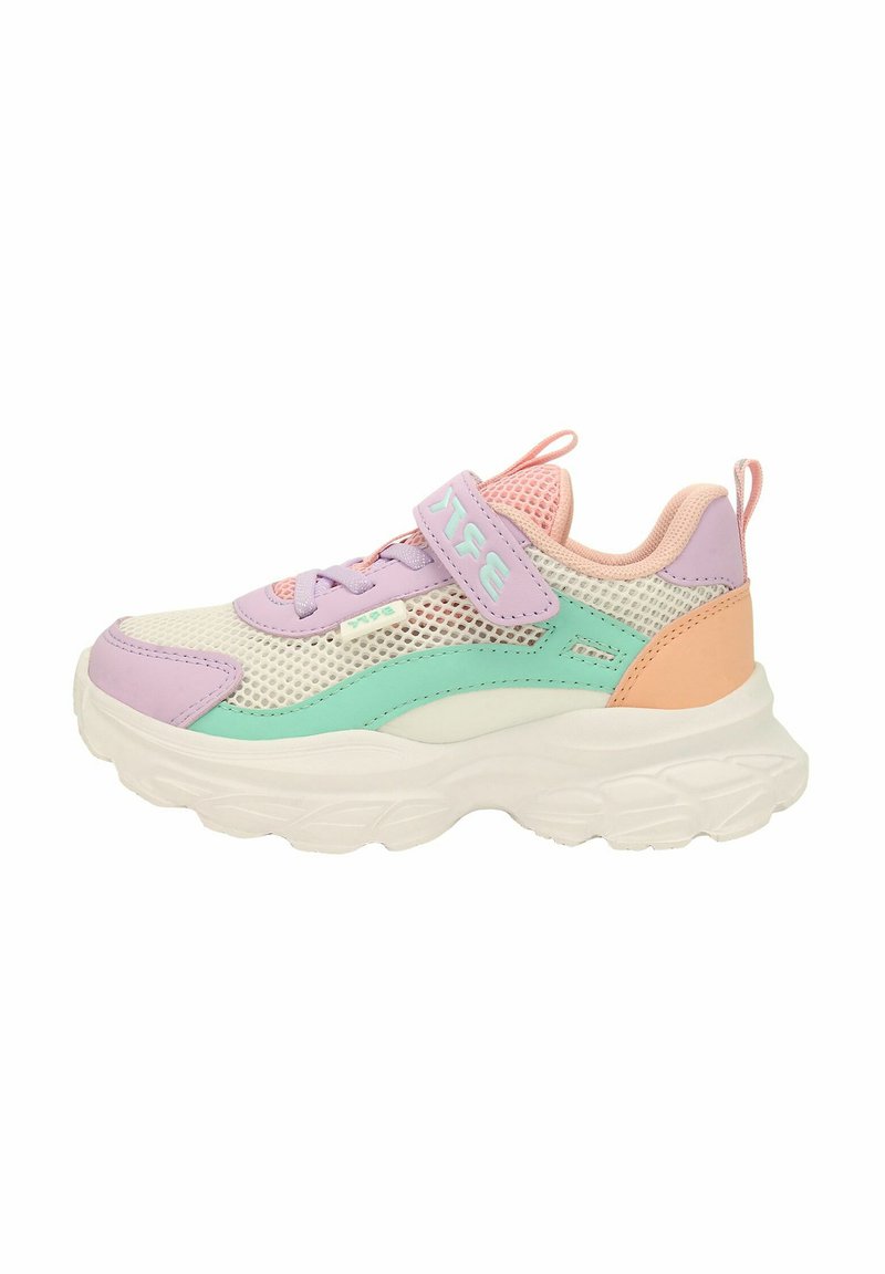 Kinder-Sneaker mit einem Mix aus Lavendel-, Mintgrün- und Pfirsichfarben in Mesh- und synthetischen Materialien, einer dicken weißen Sohle und einem Klettverschluss.