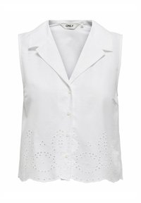 Canotta bianca con collo a camicia, dotata di chiusura a bottoni e ricamo ad occhiello decorativo lungo l'orlo. Tessuto dalla consistenza liscia.
