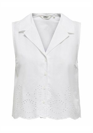 Camisa blanca sin mangas con cuello tipo solapa, con cierre de botones y bordado decorativo de ojales a lo largo del dobladillo. Textura de tela suave.