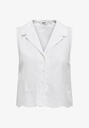 Camisa blanca sin mangas con cuello tipo solapa, con cierre de botones y bordado decorativo de ojales a lo largo del dobladillo. Textura de tela suave.