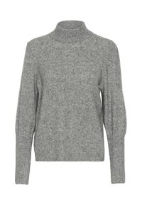 Sivi pulover s visokim ovratnikom od meke, teksturirane tkanine; ima duge, blago napuhane rukave i prilagođen kroj.