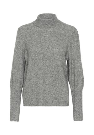 Grijze coltrui gemaakt van een zachte, gestructureerde stof; heeft lange, licht gepofte mouwen en een aansluitend ontwerp.