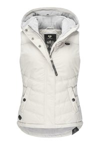 Gilet leggero senza maniche in tessuto bianco sporco con design trapuntato. Presenta un cappuccio, chiusura con zip e due tasche frontali con automatici.