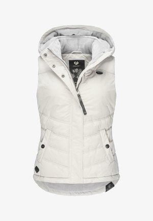 Lekkka, bezrękawnik w kolorze off-white z pikowanym wzorem. Posiada kaptur, zamek błyskawiczny oraz dwie przednie kieszenie z napami.