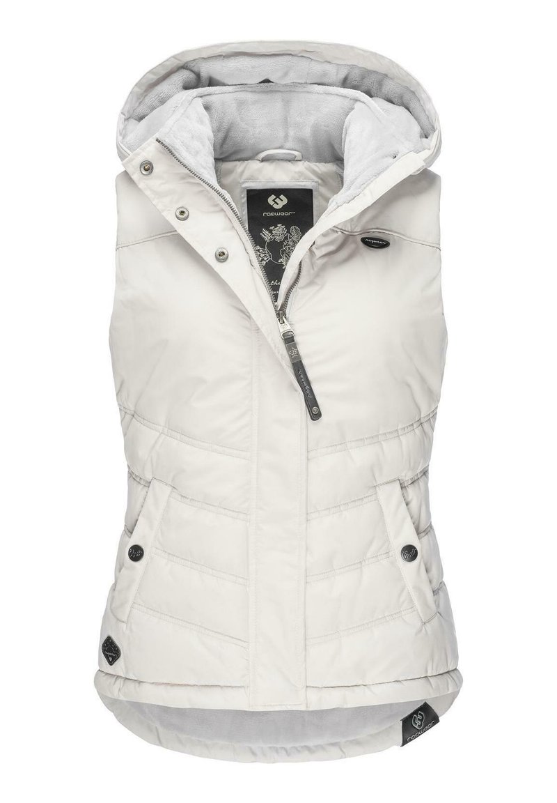 Gilet leggero senza maniche in tessuto bianco sporco con design trapuntato. Presenta un cappuccio, chiusura con zip e due tasche frontali con automatici.