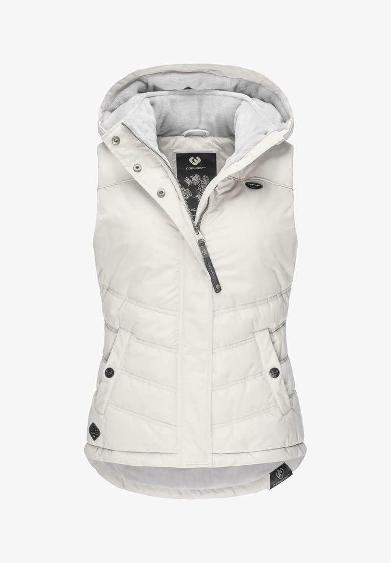 Gilet leggero senza maniche in tessuto bianco sporco con design trapuntato. Presenta un cappuccio, chiusura con zip e due tasche frontali con automatici.