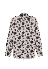 Long-sleeve shirt with a light beige base, featuring a floral pattern in navy, brown, and lighter shades. Button-up design with a collar.