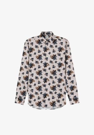 Langärmeliges Hemd mit hellbeigem Grundton, verziert mit einem Blumenmuster in Marineblau, Braun und helleren Farbtönen. Knopfleiste und Kragen.