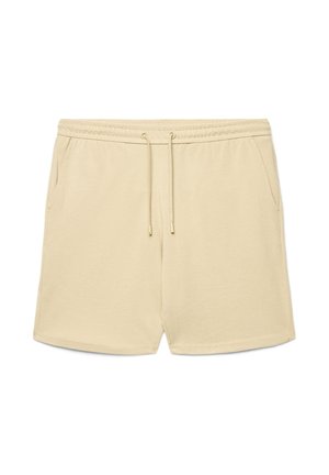 Pantaloncini beige in cotone con cintura elastica, coulisse e tasche laterali, progettati per un uso casual.