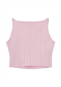 Rosa Cropped Top mit dünnen vertikalen Streifen, breiten Trägern und geradem Ausschnitt. Glattes Material mit tailliertem Schnitt und Reißverschluss auf der Rückseite.