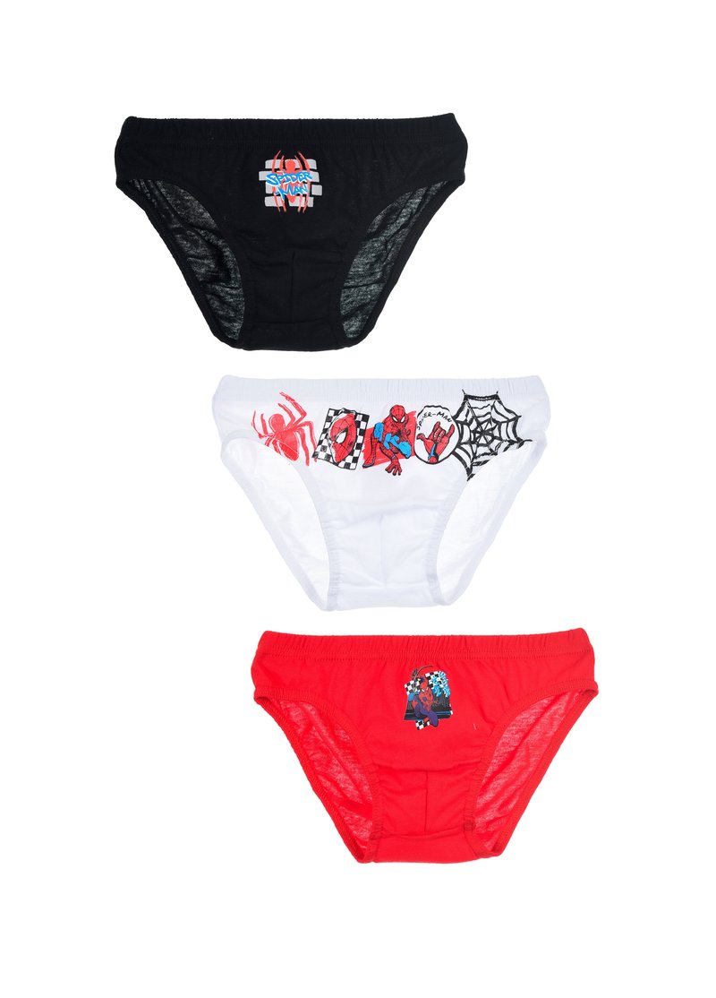 Drie paren jongens katoen onderbroeken: zwart met spinnenafbeelding, wit met Spiderman-print en rood met een afbeelding op de voorkant.