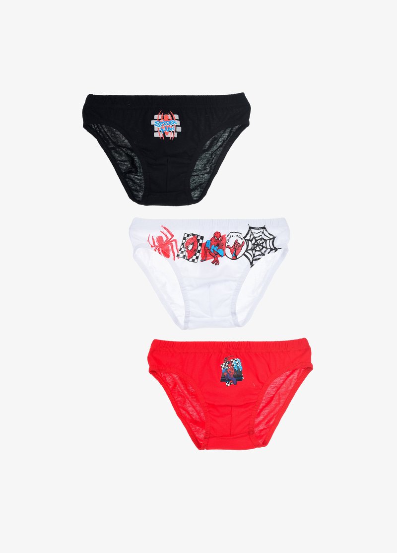 Drei Paare Jungen-Baumwollslips: schwarz mit Spinnennetz-Graphic, weiß mit Spiderman-Druck und rot mit einer Grafik auf der Vorderseite.