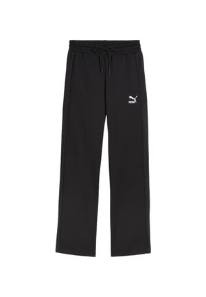 Black athletic pants made of soft fabric, featuring an elastic waistband with a drawstring and a white Puma logo on the left leg.