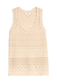 Top sin mangas de crochet color beige con un escote en forma de ondas y un patrón en zigzag, que presenta detalles de calado y un diseño texturizado y en capas.