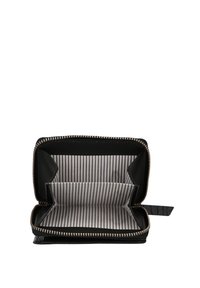 Black leather wallet with a zip closure; interior features vertical white and gray striped fabric and multiple compartments for organization.