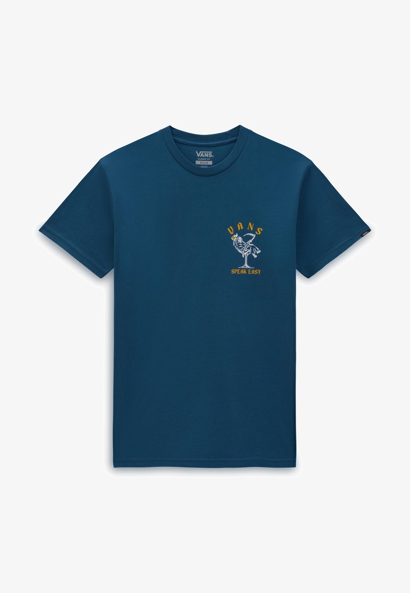 Camiseta azul marino de Vans con un pequeño gráfico de un esqueleto sosteniendo una bebida en una copa de martini y texto "Vans Speak Easy" en el pecho.