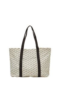 Borsa a tracolla con tessuto beige che presenta la scritta nera "CALLIOPE" in un motivo ripetuto. Cinghie in nylon marrone, forma rettangolare, ampio spazio di archiviazione.