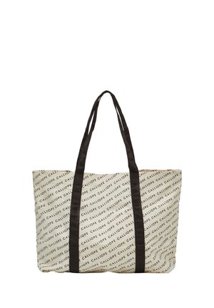 Borsa a tracolla con tessuto beige che presenta la scritta nera "CALLIOPE" in un motivo ripetuto. Cinghie in nylon marrone, forma rettangolare, ampio spazio di archiviazione.