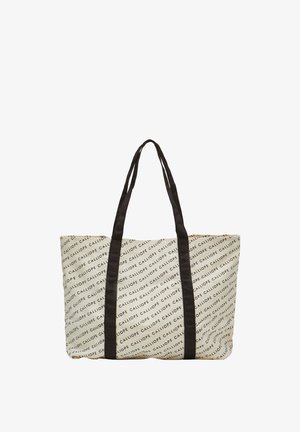 Borsa a tracolla con tessuto beige che presenta la scritta nera "CALLIOPE" in un motivo ripetuto. Cinghie in nylon marrone, forma rettangolare, ampio spazio di archiviazione.