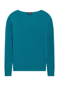 Teal V-hals trui gemaakt van zacht materiaal, met lange mouwen en een geribbelde zoom. Eenvoudig, strak ontwerp zonder extra patronen of accenten.