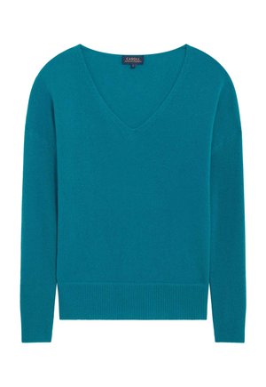 Suéter de cuello en V en color verde azulado, hecho de una tela suave, con mangas largas y dobladillo acanalado. Diseño simple y limpio, sin patrones o acentos adicionales.