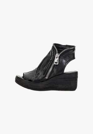 Čierne kožené sandále na platforme s otvorenou špičkou, asymetrickým dizajnom, bočným zipsom a textúrovanou drevenou podrážkou pre zvýraznenie kontrastu.