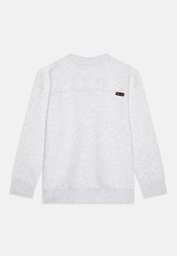 Felpa in tessuto grigio melange chiaro, con collo rotondo, maniche lunghe, presenta un piccolo etichetta nera sul retro vicino al collo.