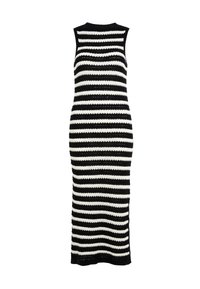 Černobíle pruhované pletené šaty, bez rukávů, přiléhavý střih, po kolena, texturovaná tkanina s kontrastními vodorovnými pruhy.