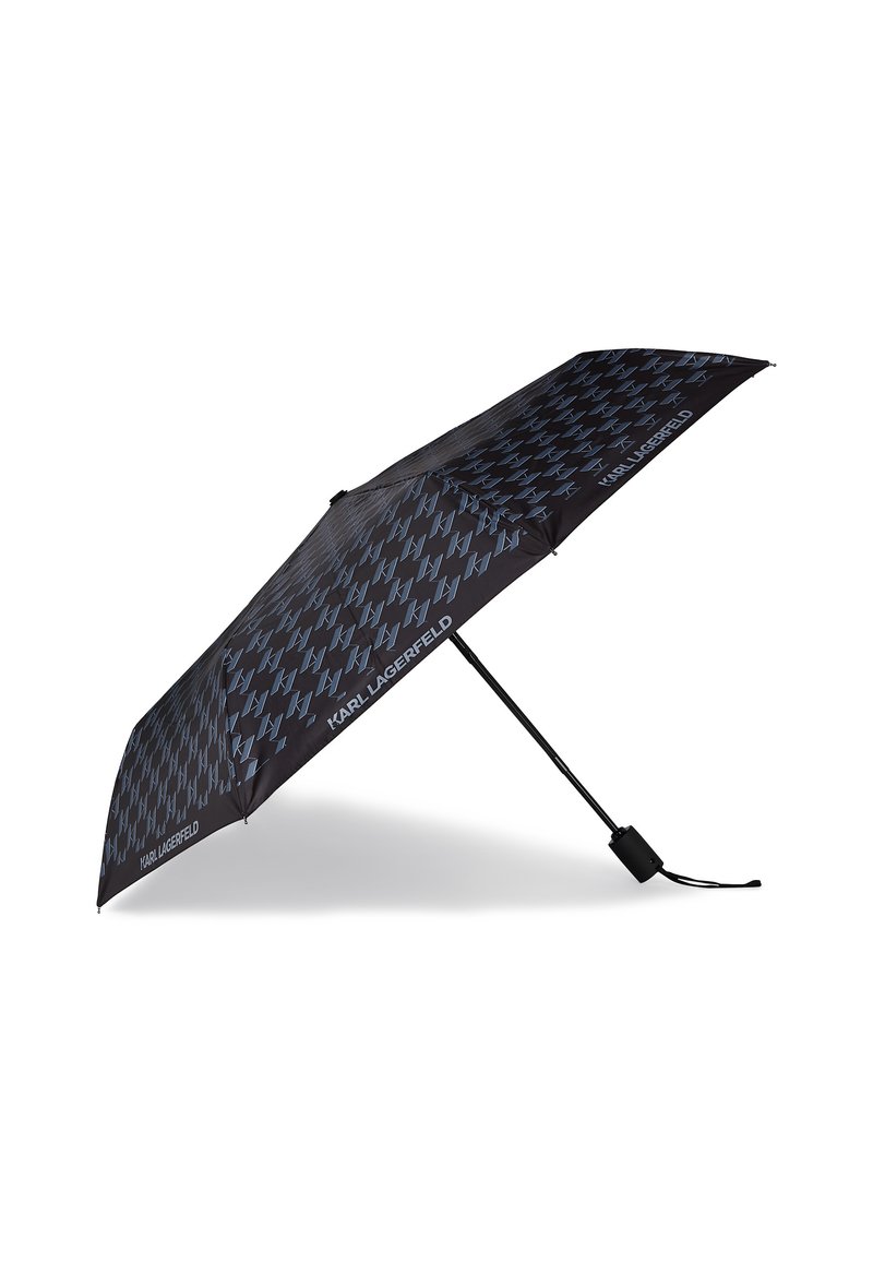 Black umbrella with a repeating blue 'K' logo pattern, featuring a straight handle and a black grip. Compact design for easy carrying.