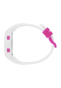 Orologio bianco con fibbia rosa. Presenta un quadrante rettangolare, due pulsanti rosa sui lati e un cinturino texturizzato per una presa migliore.