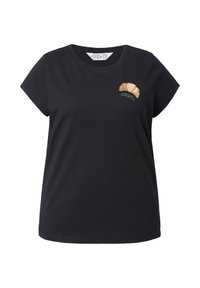 T-shirt in cotone nera con maniche corte e scollatura rotonda, con un ricamo di un croissant color beige sulla parte sinistra del petto.