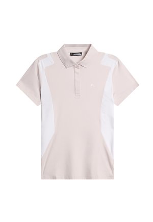 Hellbeige Poloshirt mit kurzen Ärmeln und weißen Seitenpaneelen sowie einem kleinen gestickten Logo auf der linken Brust, ausgestattet mit einem knöpfbaren Kragen.