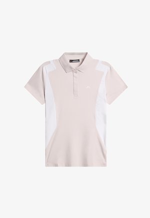 Ljusbeige kortärmad polo med vita sidopaneler och en liten broderad logotyp på vänster bröst, med en knappad krage.