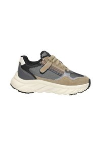 Grijze en beige sneaker gemaakt van mesh en suede materialen. Voorzien van een chunky zool, ronde neus en een stevige klittenbandsluiting.