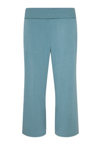 Lichtblauwe katoenen cropped broek met een rekbare tailleband, voorzien van twee zijzakken en een gladde textuur. Eenvoudig, recht gesneden ontwerp.