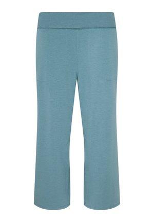 Ljust blå bomullscropade byxor med en stretchig midjeband, med två framfickor och en slät yta. Enkel, rak ben-design.