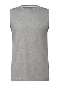 Ärmelloses graues T-Shirt aus weichem, leichtem Stoff. Rundhalsausschnitt mit einer subtilen, strukturierten Oberfläche und ohne Grafiken.