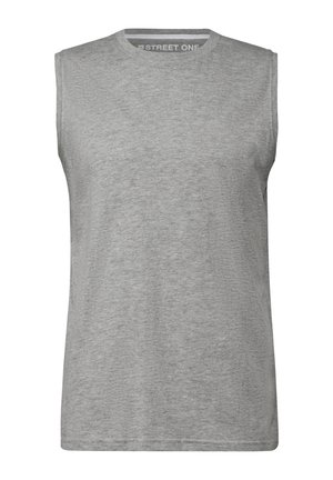 Mouwloze grijze T-shirt gemaakt van zachte, lichte stof. Ronde halsontwerp met een subtiele textuurafwerking en zonder graphics.