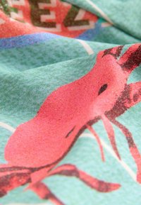 Textil con una ilustración de un cangrejo rosa brillante sobre un fondo texturizado de color verde claro, acompañado de acentos abstractos en azul y rojo.