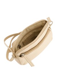 Beige Leder Umhängetasche mit einem Reißverschluss-Hauptfach, einer zusätzlichen Vorderasche und einer strukturierten Oberfläche sowie einem langen Tragegurt.