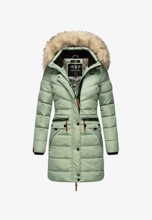 Mintgrüner Puffermantel mit einer mit Fell gefütterten Kapuze, Frontreißverschluss und Knopfverschlüssen, zwei Reißverschlusstaschen und kontrastierenden Details.