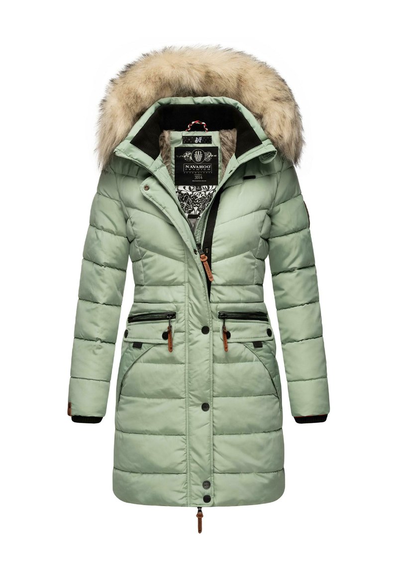 Mint green puffer jacket with a fur-lined hood, front zipper and button closures, two zippered pockets, and contrasting detailing.