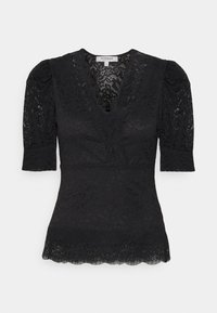 Schwarzes Spitzenoberteil mit V-Ausschnitt und kurzen Puffärmeln. Mit floralem Muster und gewelltem Saum. Leichter, strukturierter Stoff.