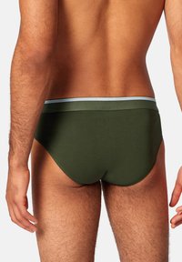 Grüner Baumwoll-Slip mit hellblauem Bund, eng anliegendes Design, glatte Textur und ohne sichtbare Muster; von hinten betrachtet.