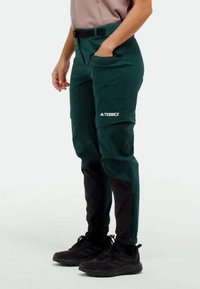 Terrex green outdoor pants with black lower sections, featuring a belt, side pockets, and a logo on the hip, made from textured fabric.