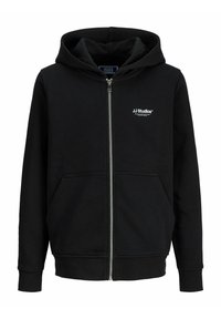 Crna zip-up dukserica izrađena od mekanog pamuka s prednjim džepom, rebrastim manžetama i kapuljačom na vezanje. Sadrži mali bijeli logo na grudima.