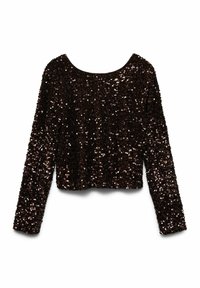 Brūns garroku tops, pārklāts ar spīdīgām pērlītēm, ar apaļu kakla izgriezumu un īsu piegriezumu, demonstrējot visaptverošu mirdzošu tekstūru.