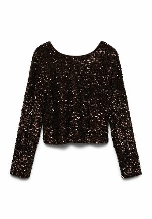 Hnědý top s dlouhým rukávem zdobený lesklými flitry, s kulatým výstřihem a zkráceným střihem, který zvýrazňuje celoplošnou jiskřivou texturu.